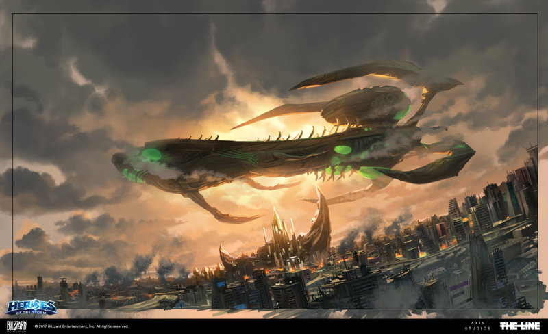 And here’s a piece of background art from the short, showing a Zerg ship done again in an anime style.